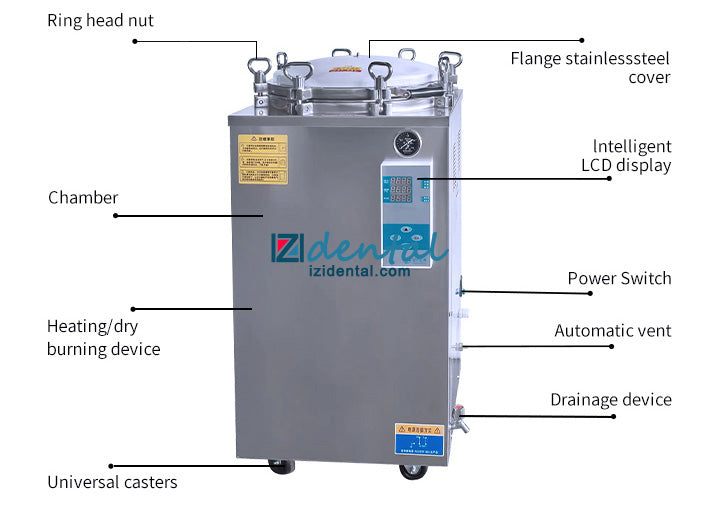 JIBIMED LS-LD 35L/ 50L/ 75L/ 100L/ 120L/ 150L Vertical Autoclave Steam Sterilizer Type N 105℃ - 134℃ LED Display